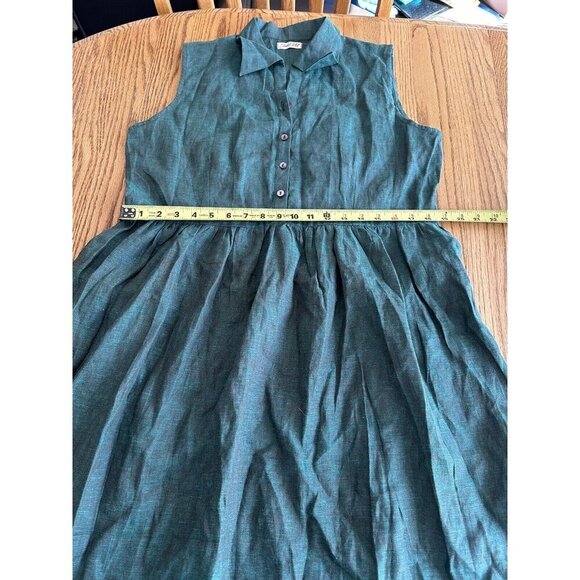 Linen Blend Green Loose Fit  Sleeveless Button Front Pleated Dress No Size Tag - Picture 9 of 11